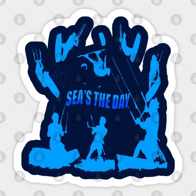 Kitesurfer Pattern Blue Silhouette Seas The Day Fun Pun Sticker by taiche